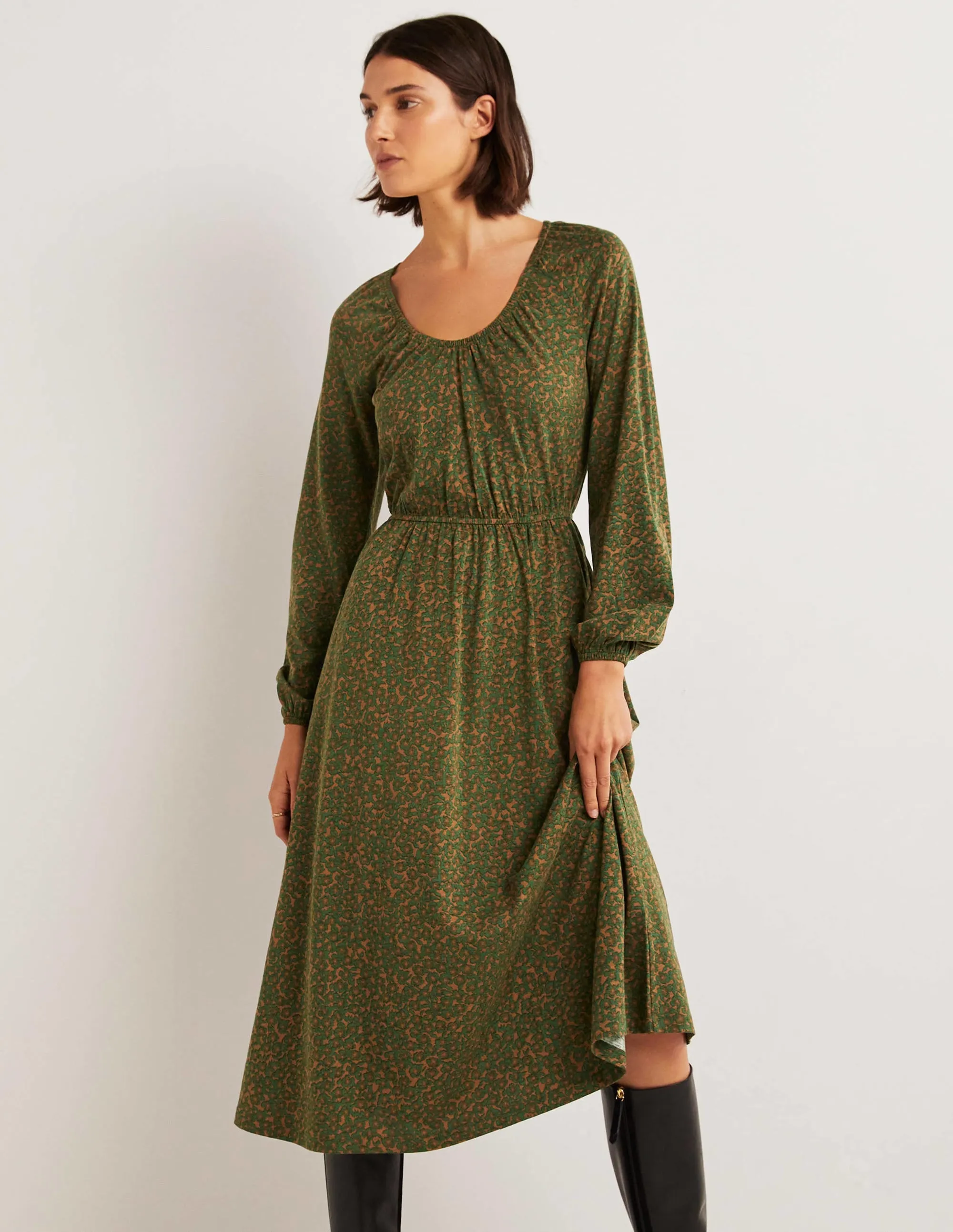 Scoop Neck Jersey Midi Dress-Hunter Green, Bloom Cluster