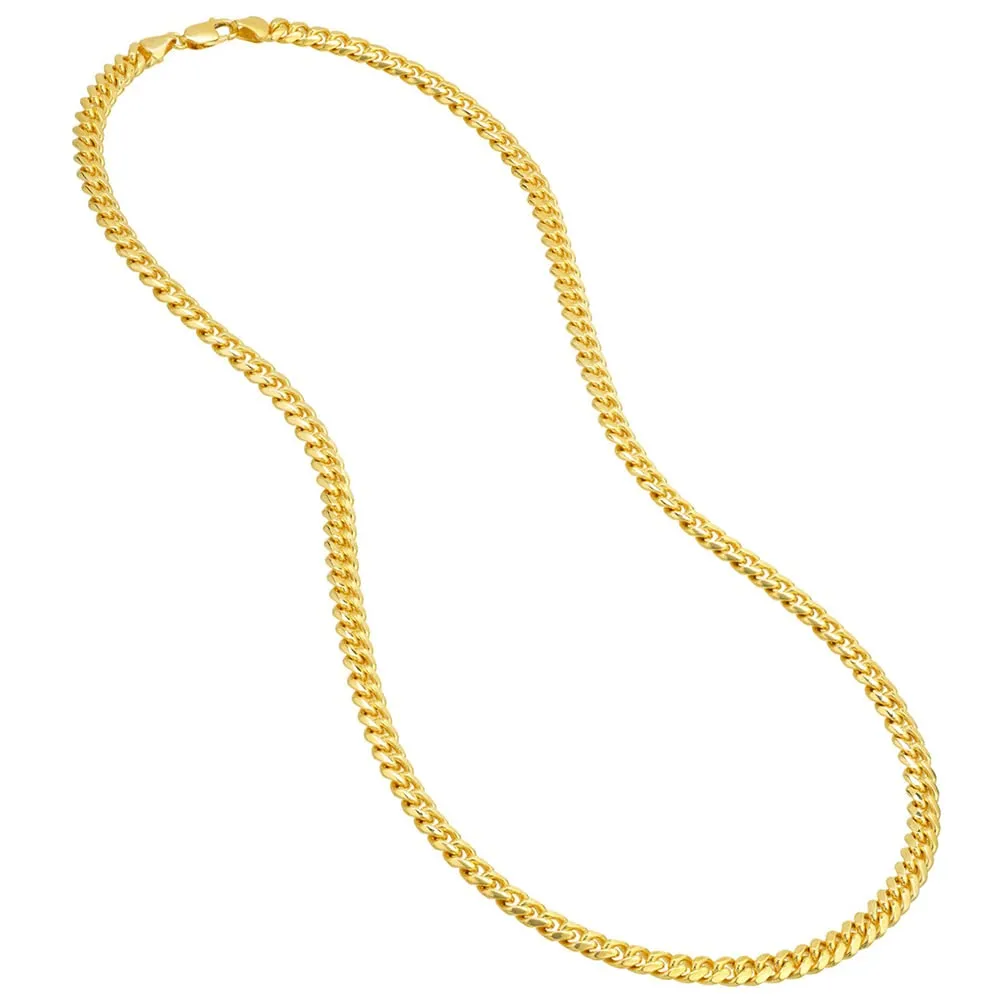 Semi-Solid 14k Yellow Gold 4.5mm Miami Cuban Link Chain Necklace with Lobster Claw Clasp