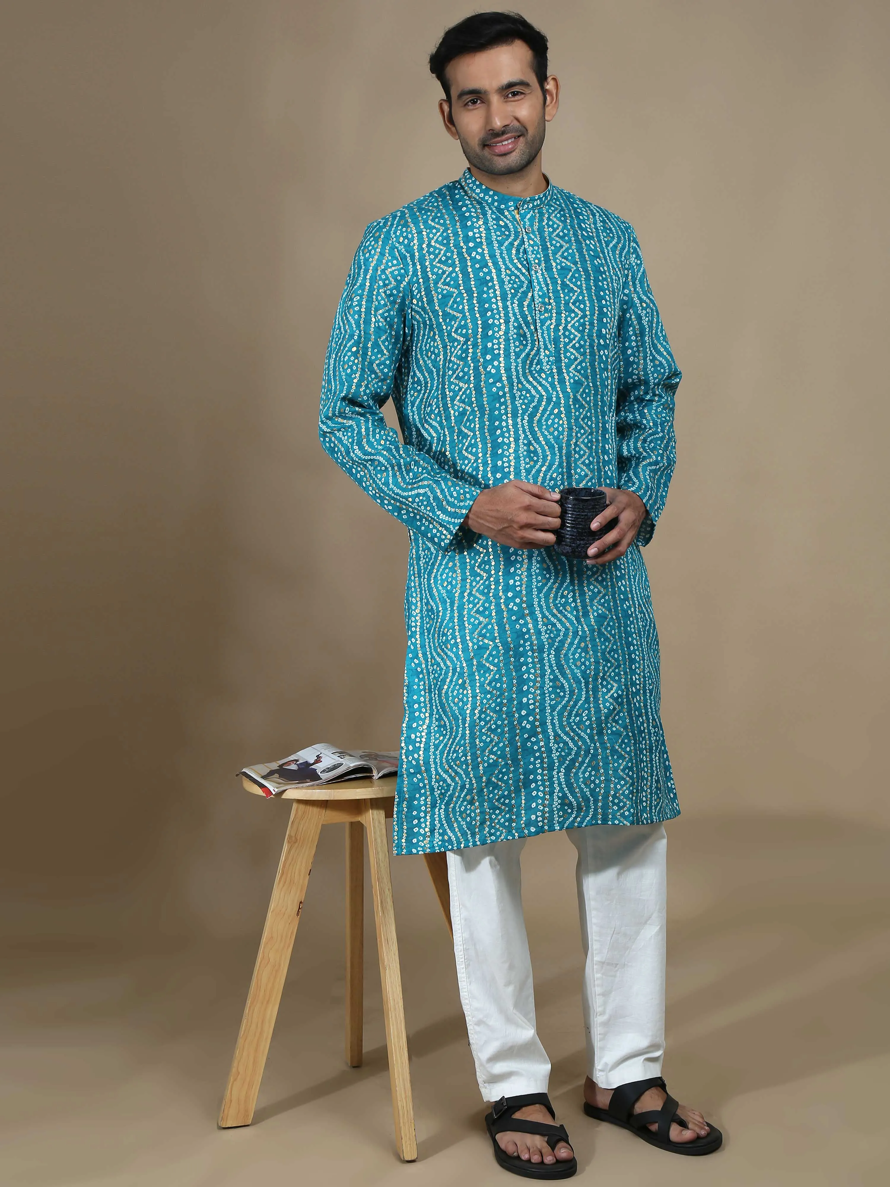 Sky Blue Bandhani Print Long Kurta