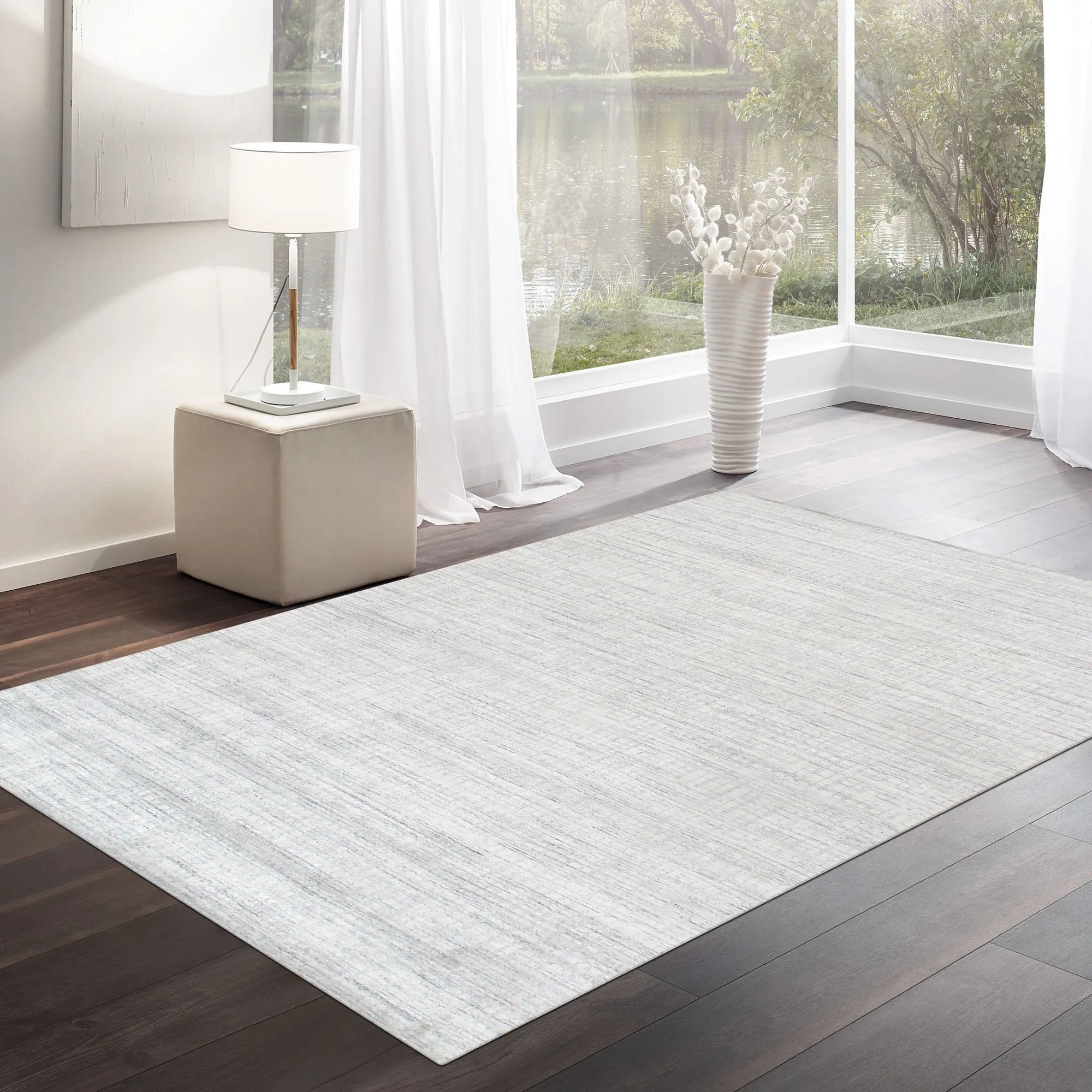 Slate Collection Hand-Loomed Silk & Wool Ivory/Blue Area Rug-12' 0" X 15' 0"