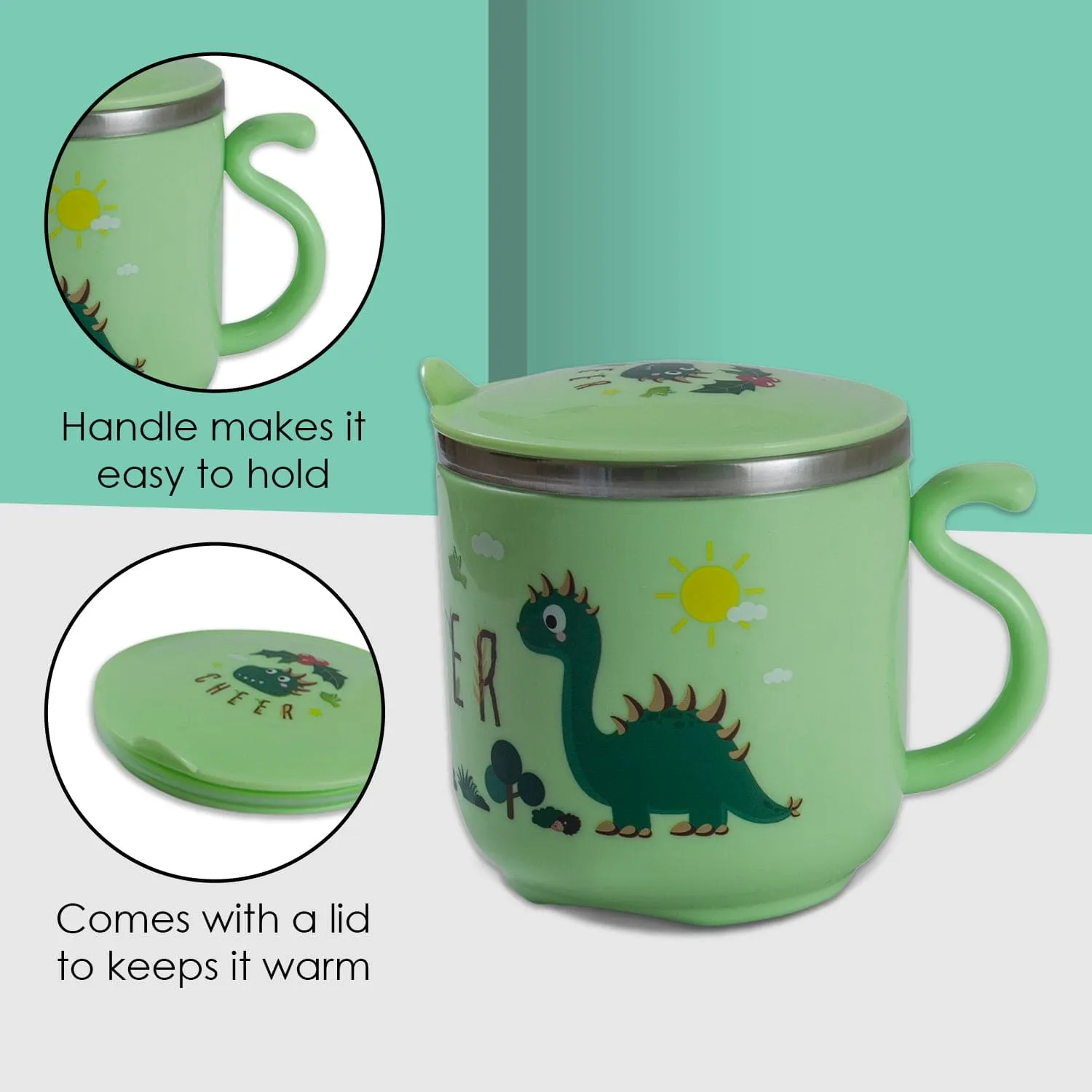 Stainless Steel Water Cup with Lid Dinosaur - Green