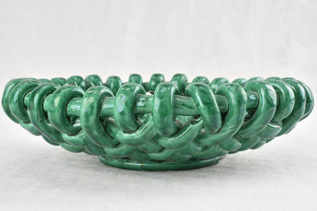 Stunning 1960s woven bowl Jerome Massier green glaze 12½"