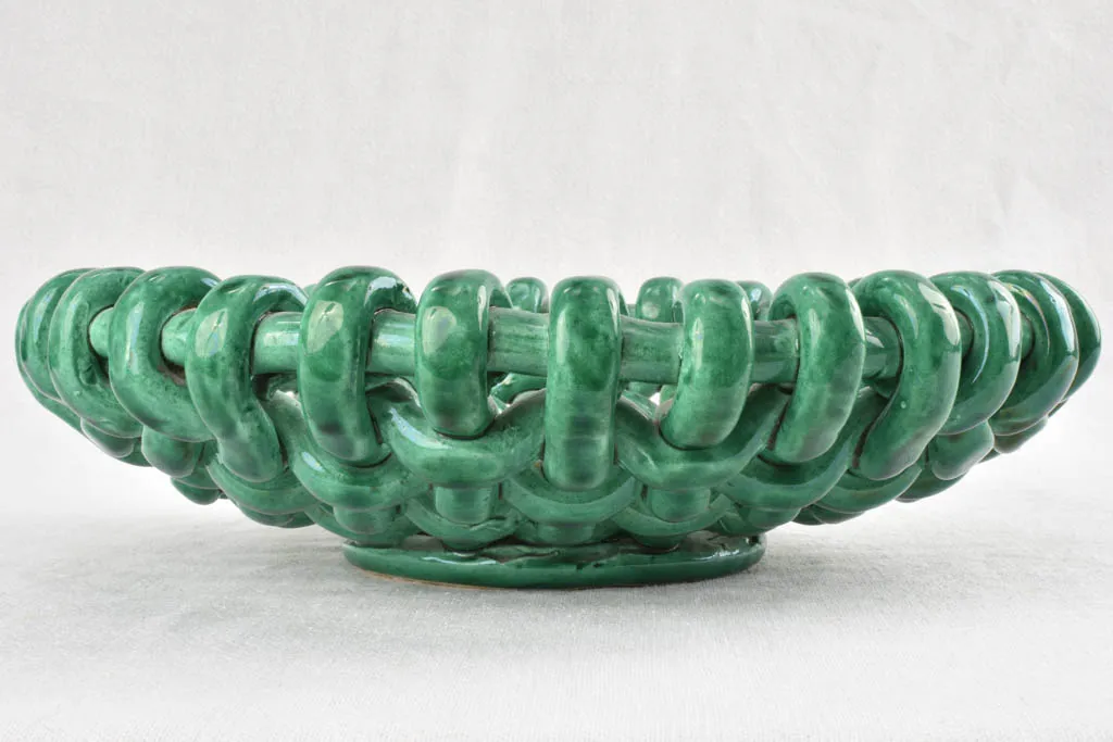 Stunning 1960s woven bowl Jerome Massier green glaze 12½"