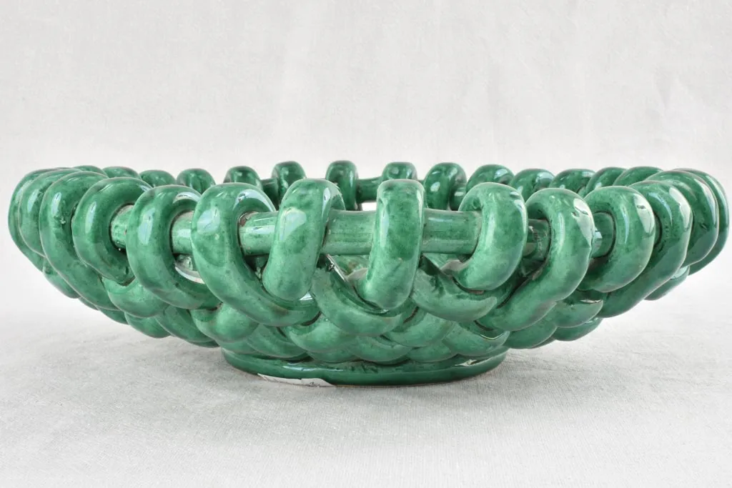 Stunning 1960s woven bowl Jerome Massier green glaze 12½"