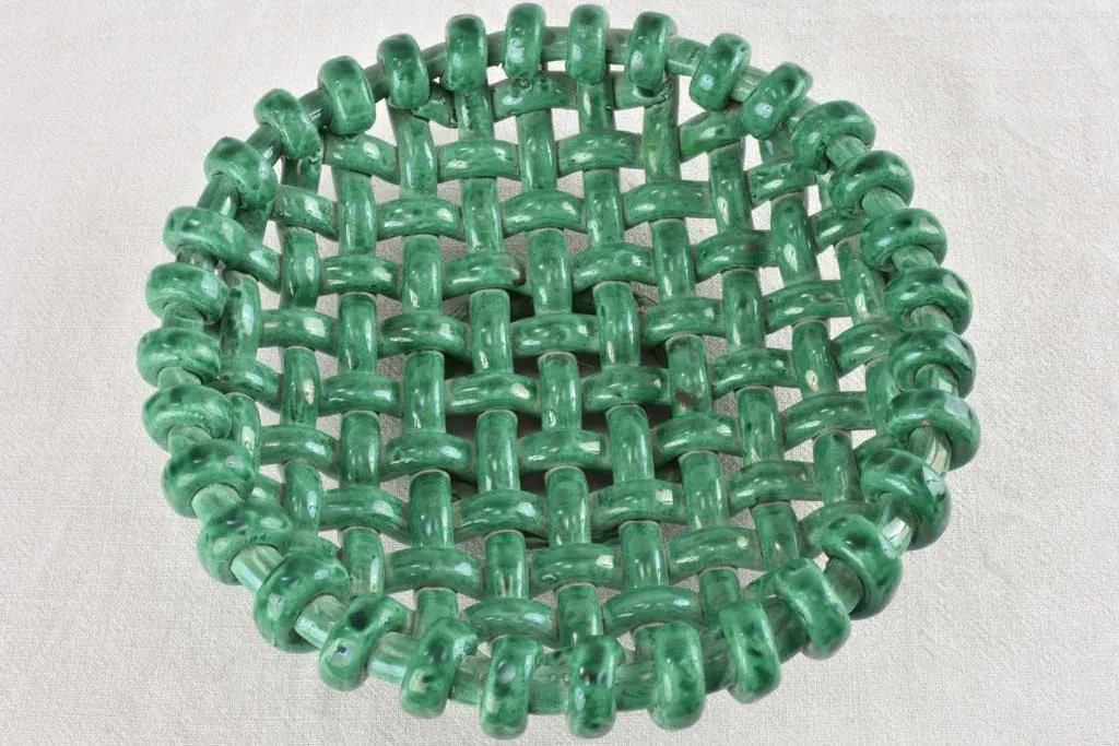 Stunning 1960s woven bowl Jerome Massier green glaze 12½"