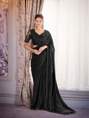 Stunning Black Satin Organza Embroidered Saree