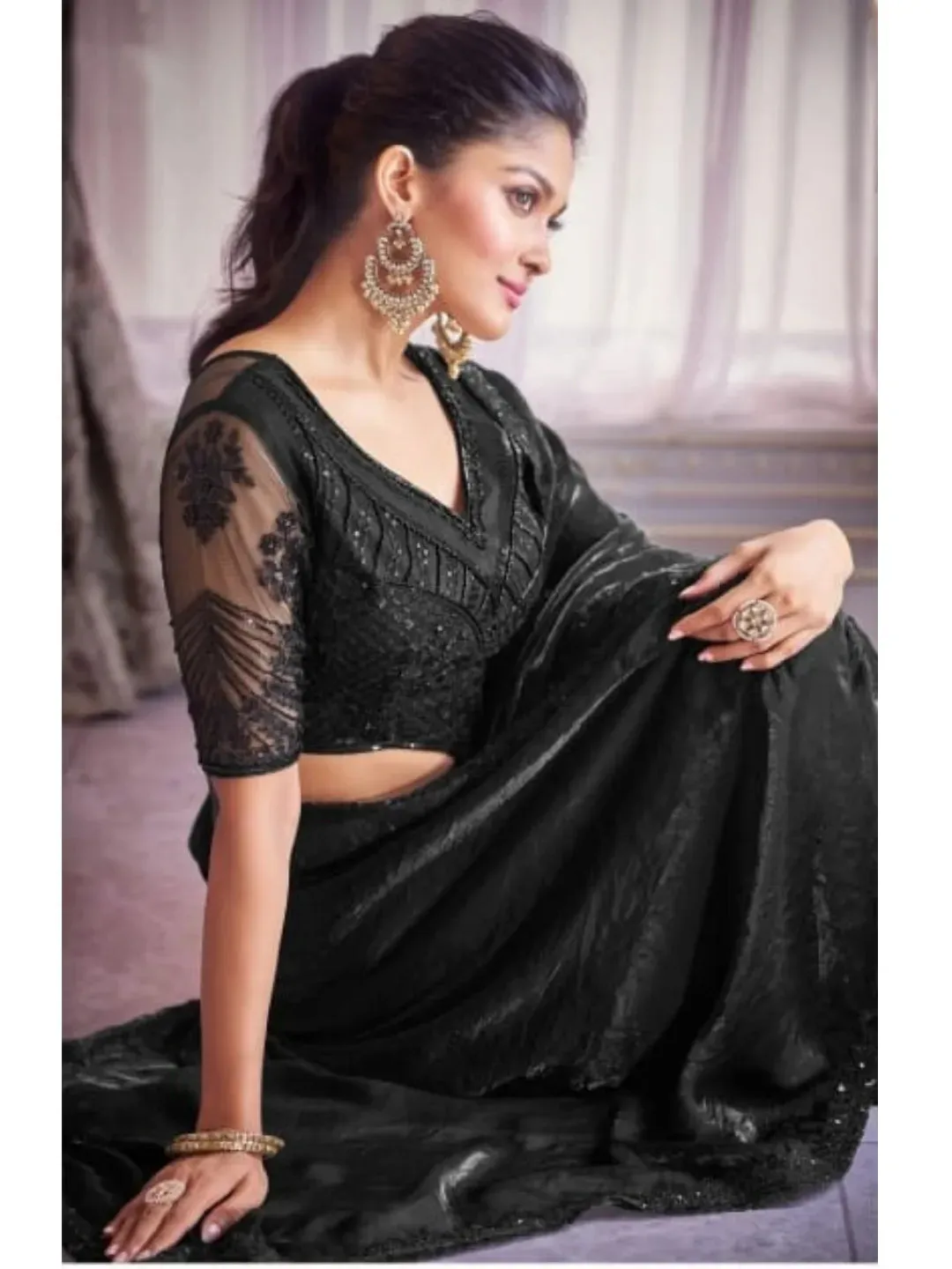 Stunning Black Satin Organza Embroidered Saree