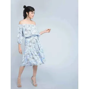 Stunning Blue Viscose Self Design Blouson Dress