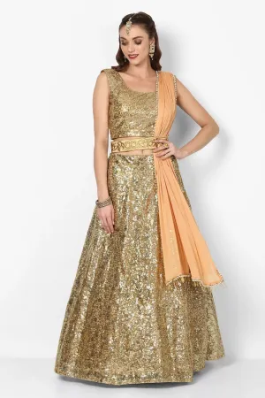 Stunning Golden Colored Party wear Embroidered Netted Lehenga Choli