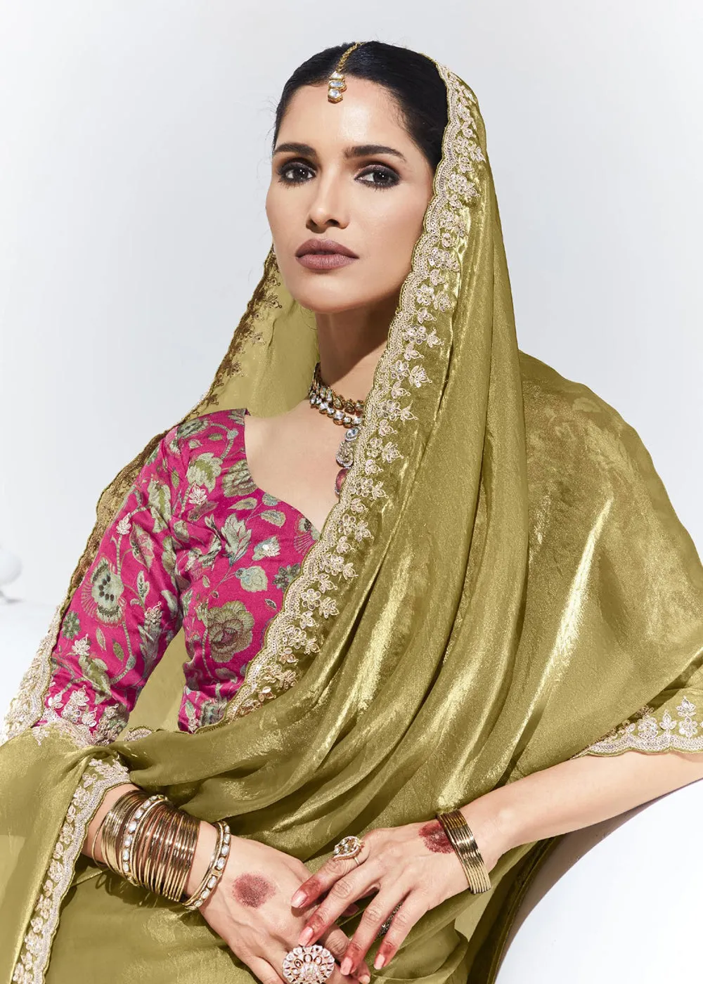 Stunning Golden Organza Embroidered Party Wear Saree