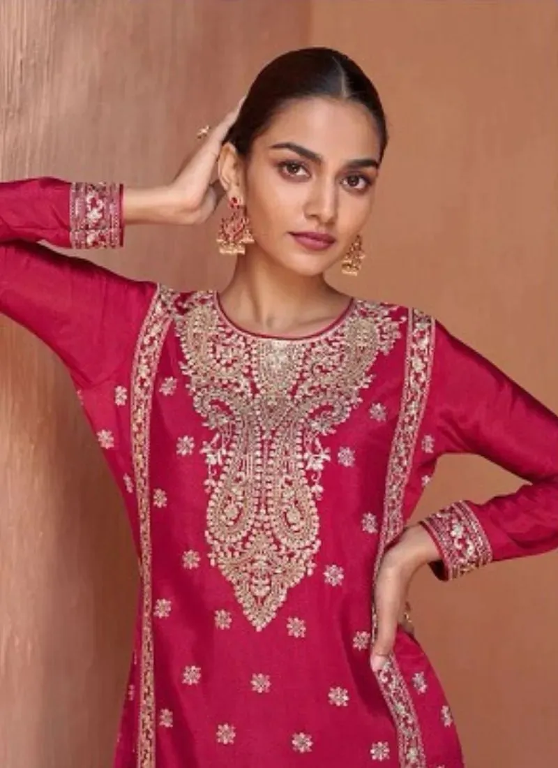 Stunning Heavy Embroidered Chinon palazzo suit in Dark Pink
