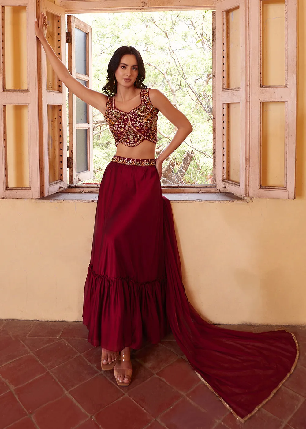 Stunning Maroon Designer Crop Top Style Lehenga Choli