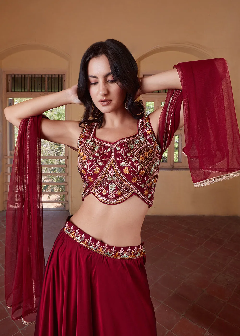 Stunning Maroon Designer Crop Top Style Lehenga Choli
