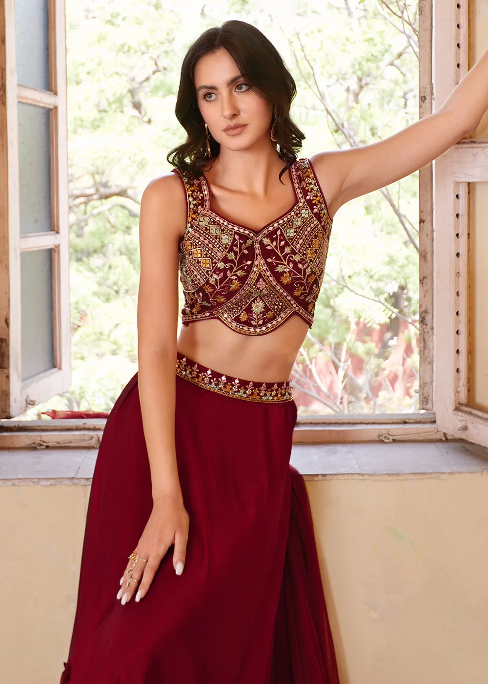 Stunning Maroon Designer Crop Top Style Lehenga Choli