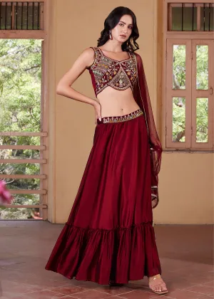 Stunning Maroon Designer Crop Top Style Lehenga Choli