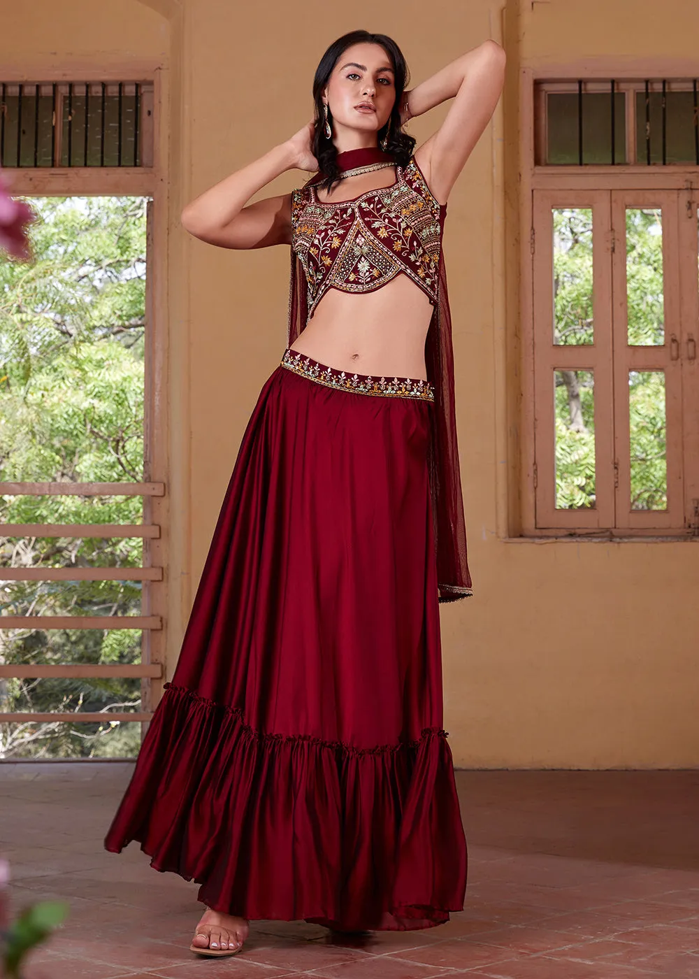 Stunning Maroon Designer Crop Top Style Lehenga Choli