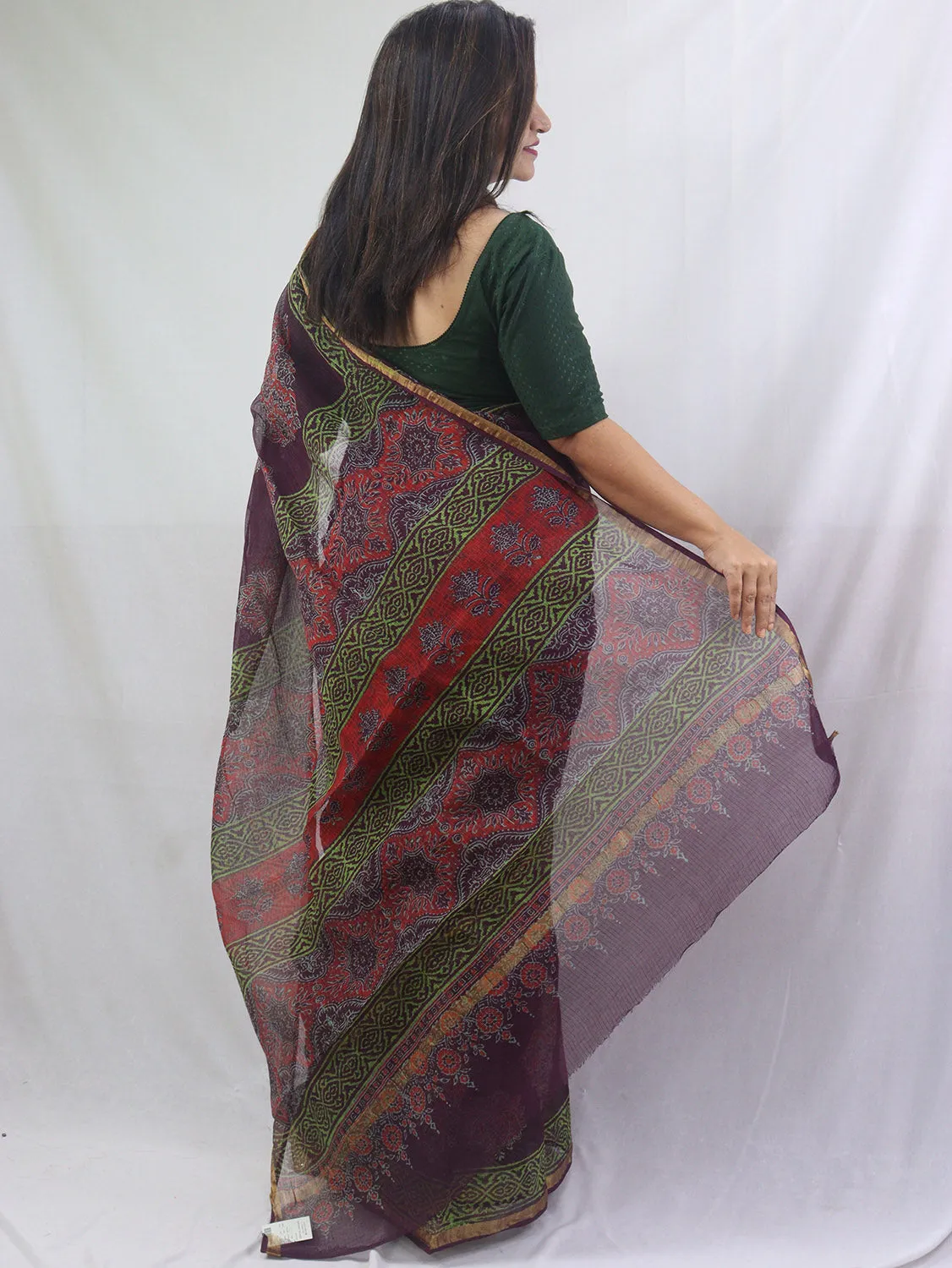 Stunning Multicolor Ajrakh Hand Block Printed Chanderi Silk Saree