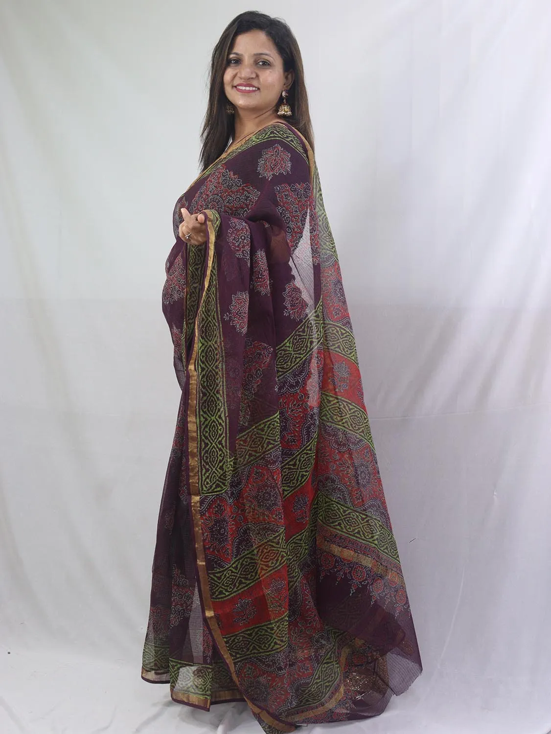 Stunning Multicolor Ajrakh Hand Block Printed Chanderi Silk Saree