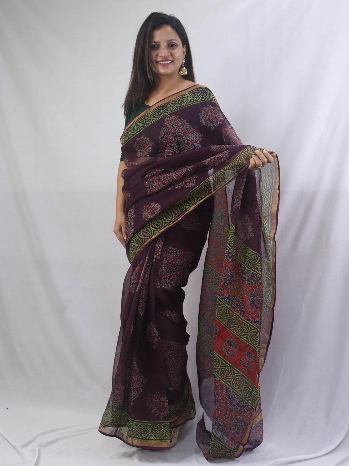 Stunning Multicolor Ajrakh Hand Block Printed Chanderi Silk Saree