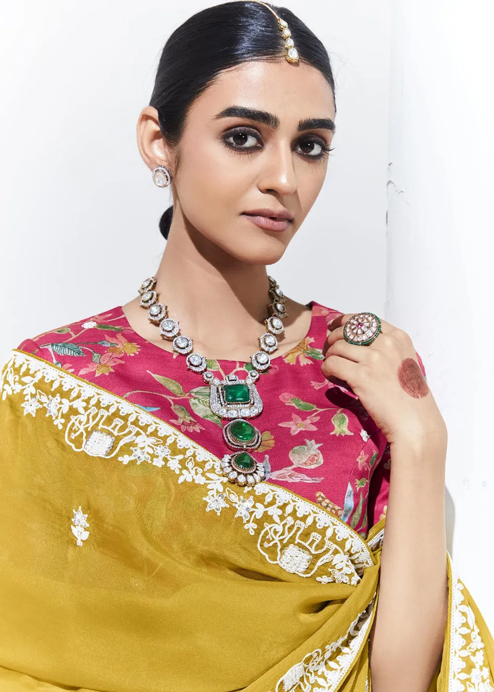 Stunning Mustard Organza Embroidered Party Wear Saree