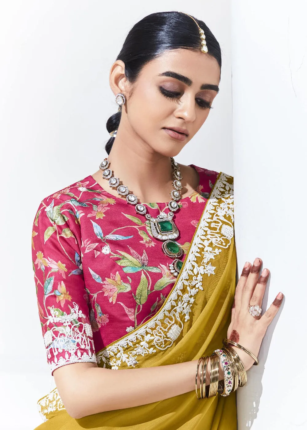 Stunning Mustard Organza Embroidered Party Wear Saree