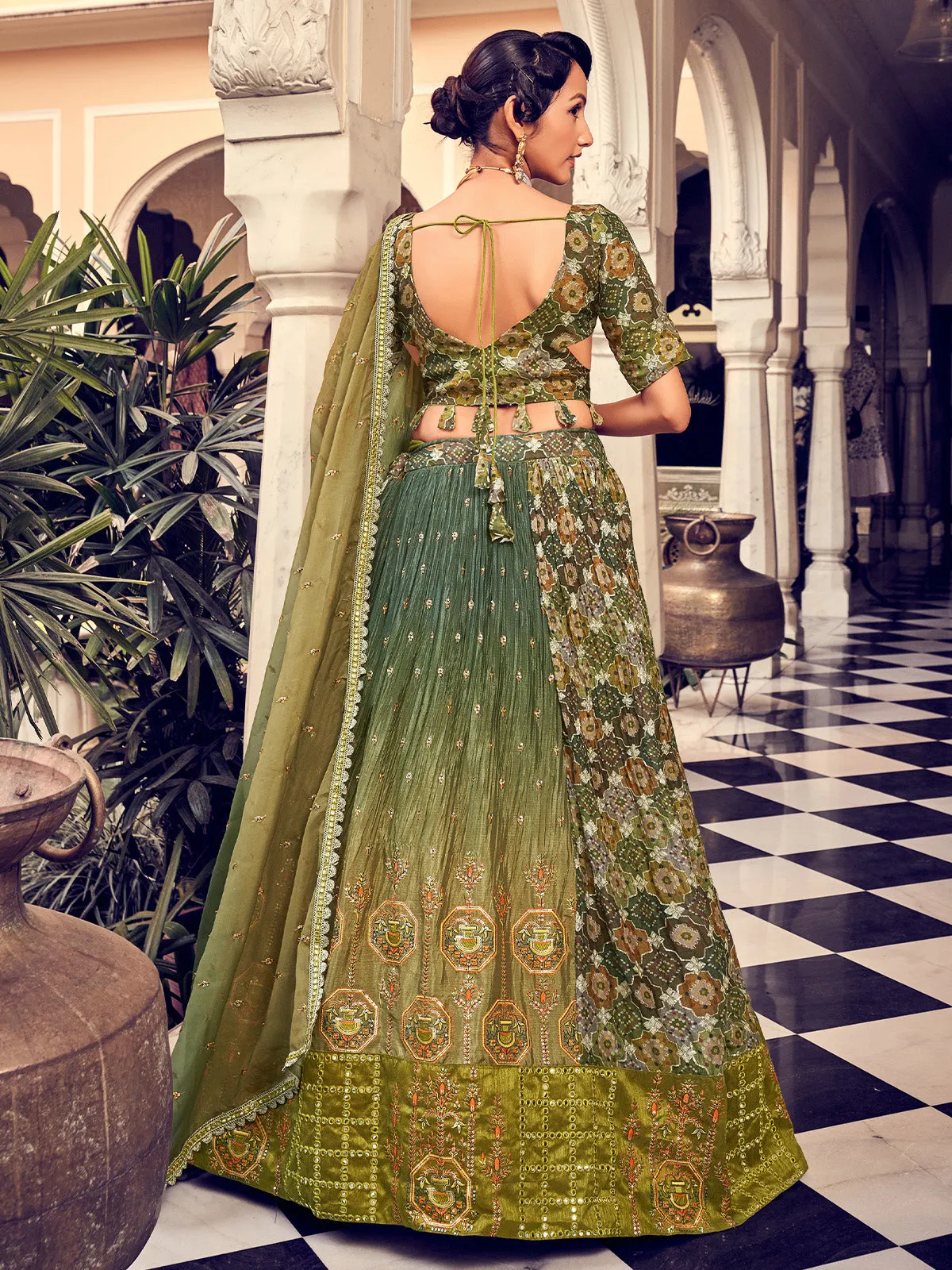 Stunning Olive Green Silk Semi Stitched Lehenga Choli Set