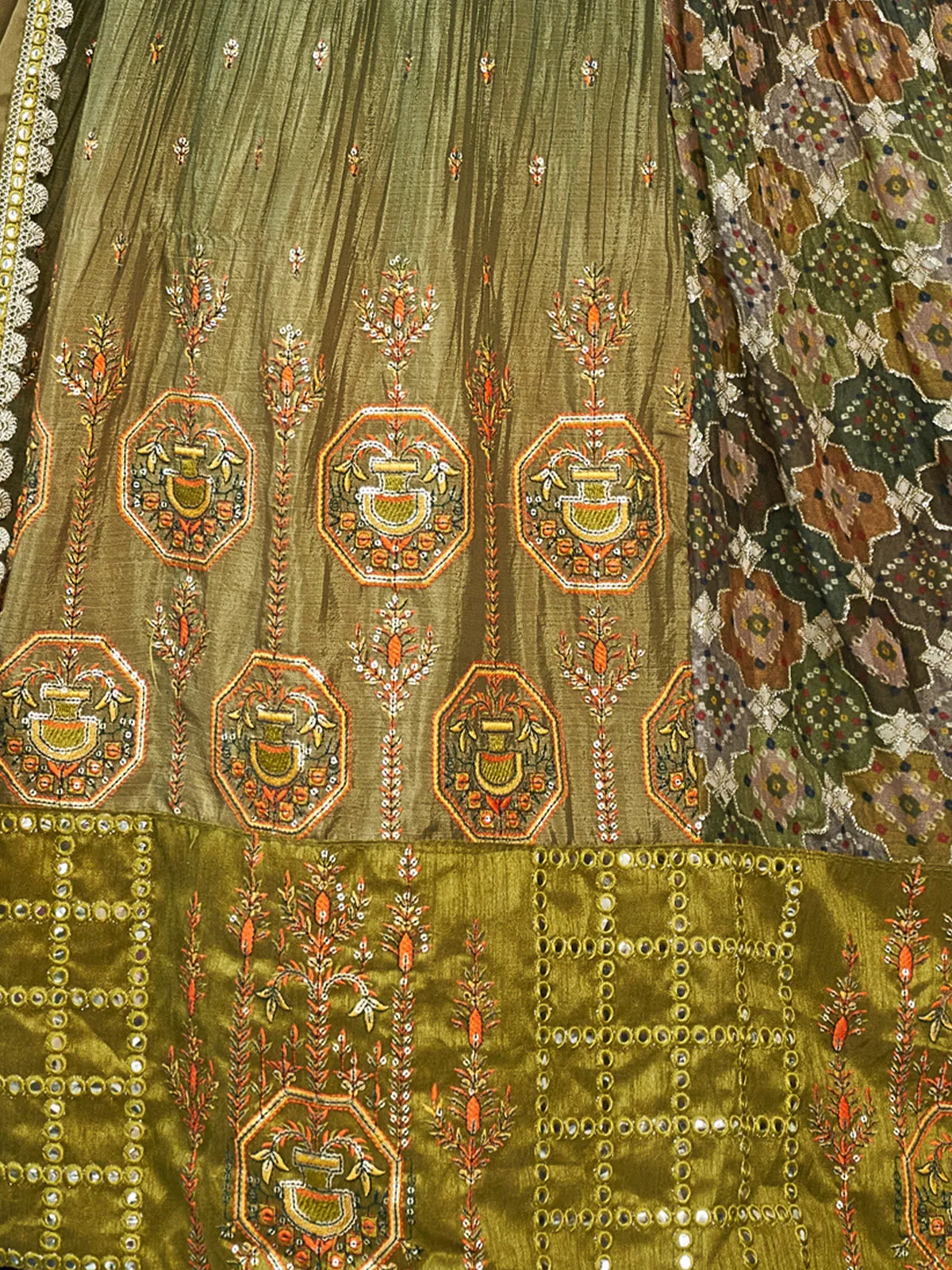 Stunning Olive Green Silk Semi Stitched Lehenga Choli Set