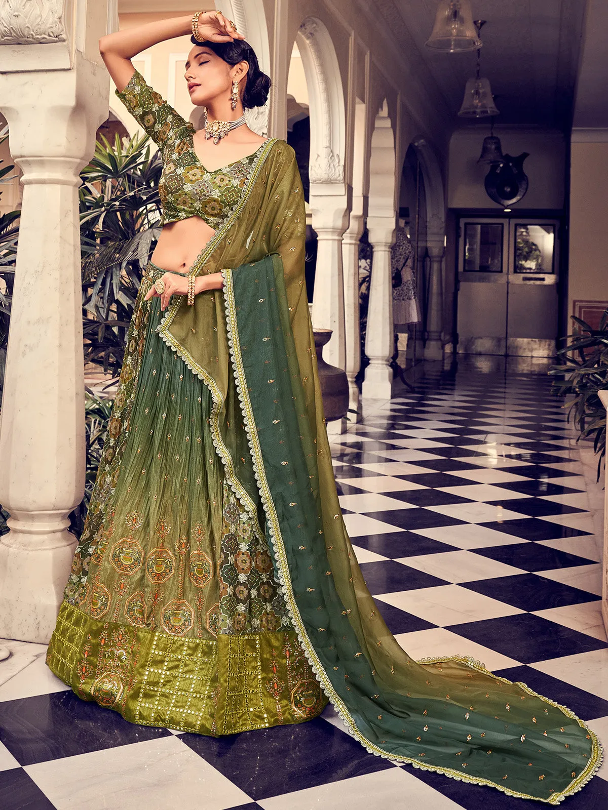 Stunning Olive Green Silk Semi Stitched Lehenga Choli Set