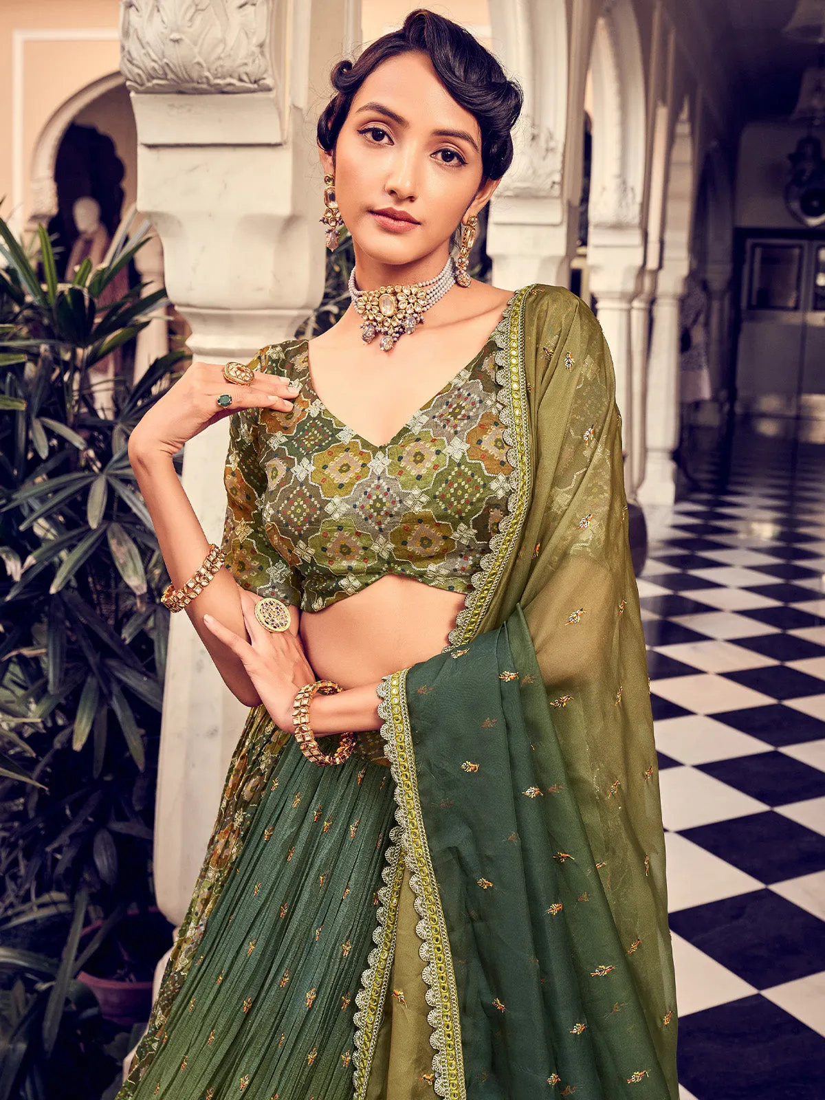 Stunning Olive Green Silk Semi Stitched Lehenga Choli Set