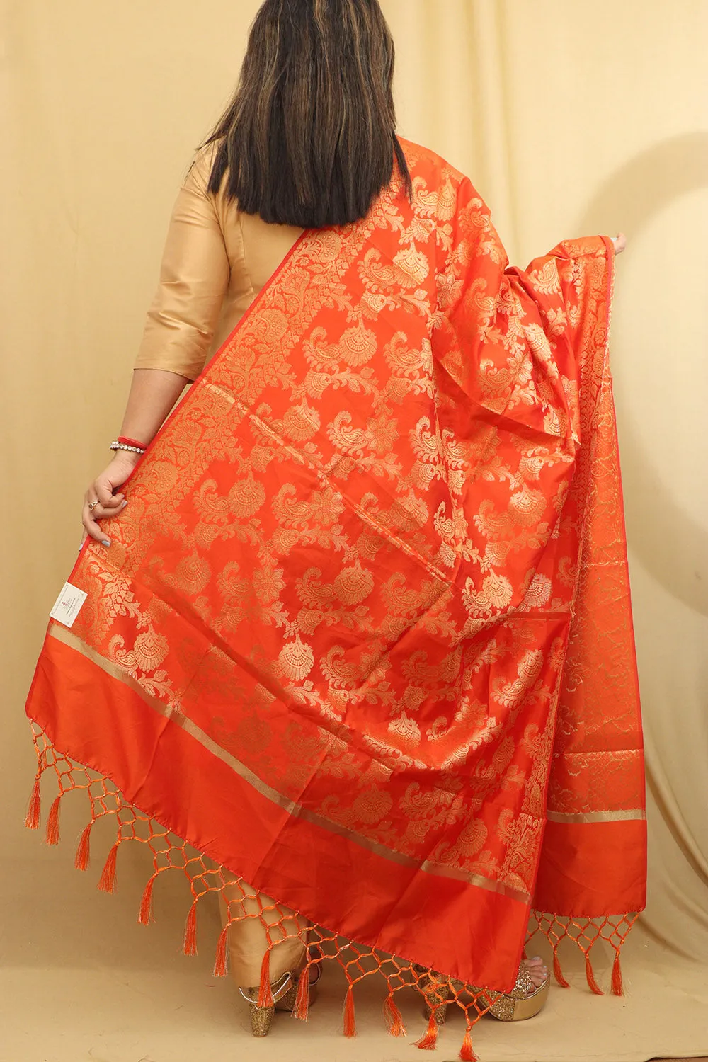Stunning Orange Banarasi Silk Dupatta - Elegant Design