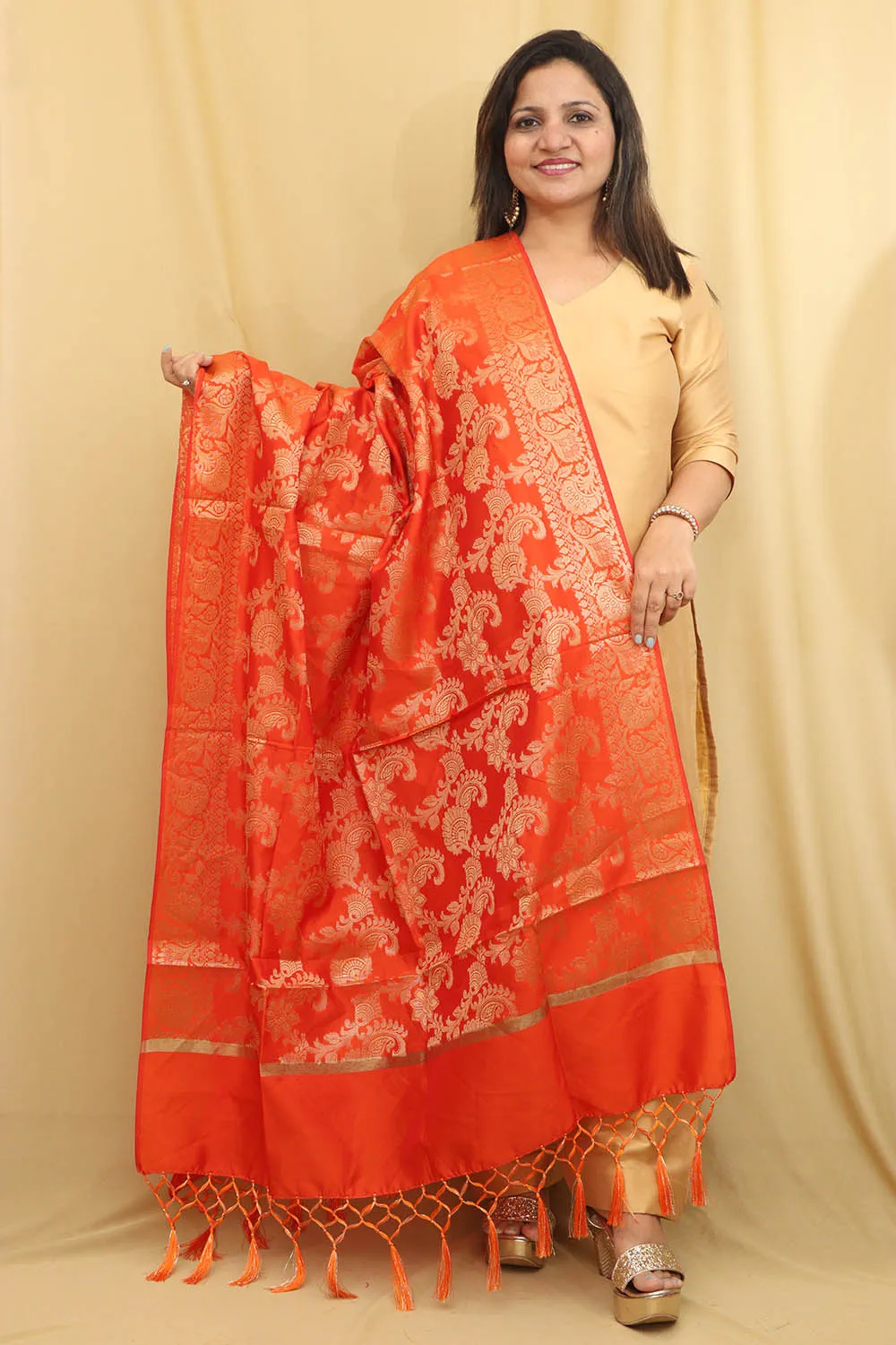Stunning Orange Banarasi Silk Dupatta - Elegant Design