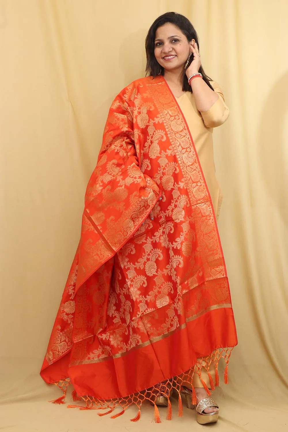 Stunning Orange Banarasi Silk Dupatta - Elegant Design