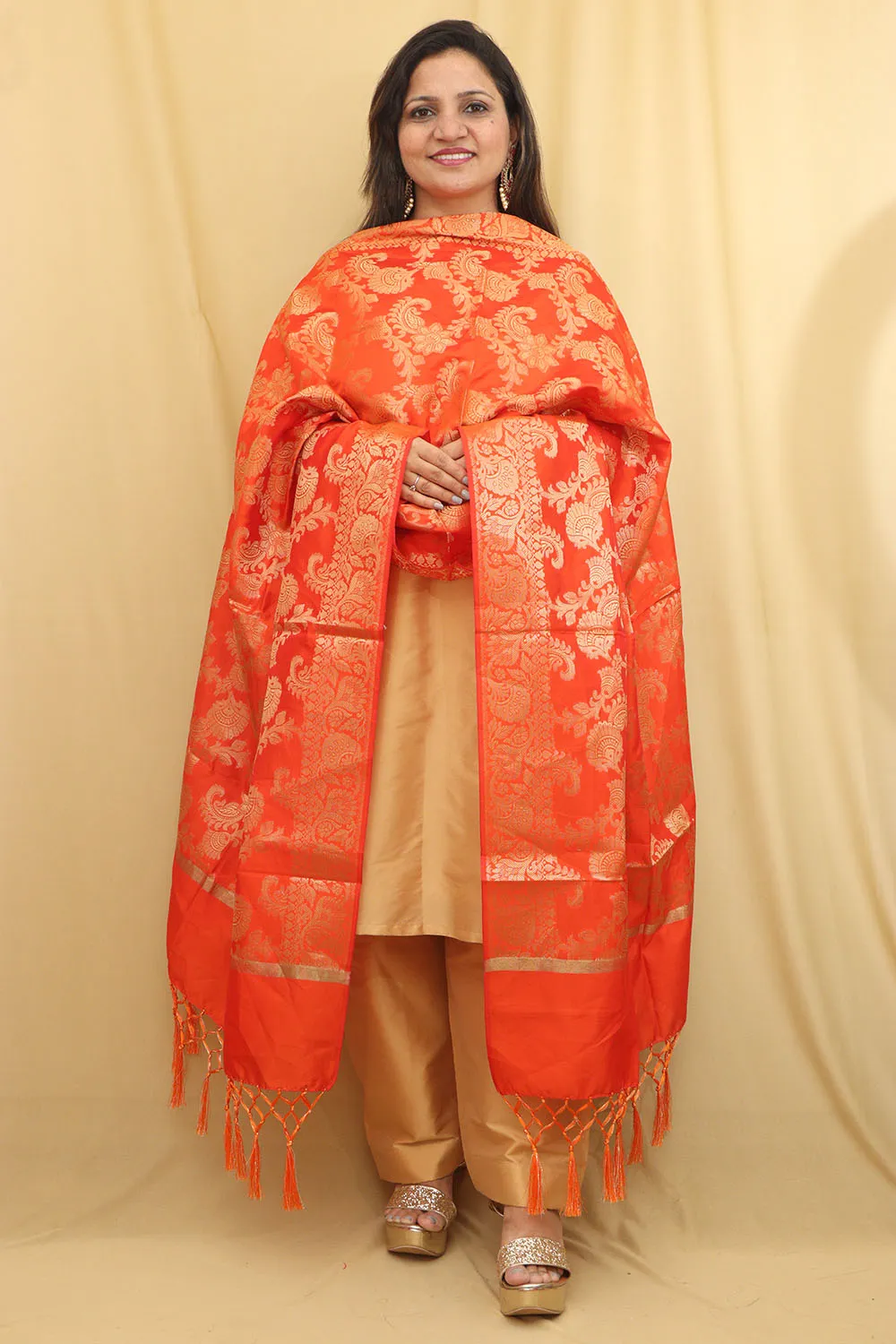 Stunning Orange Banarasi Silk Dupatta - Elegant Design