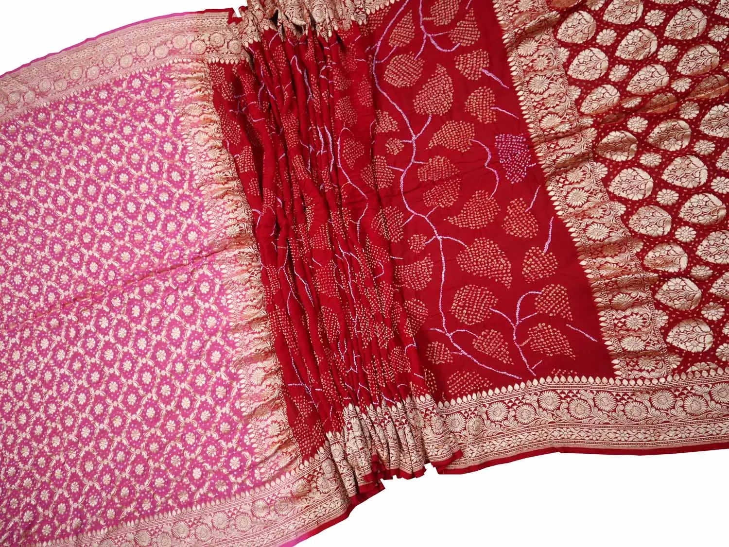 Stunning Pink & Red Banarasi Bandhani Georgette Saree