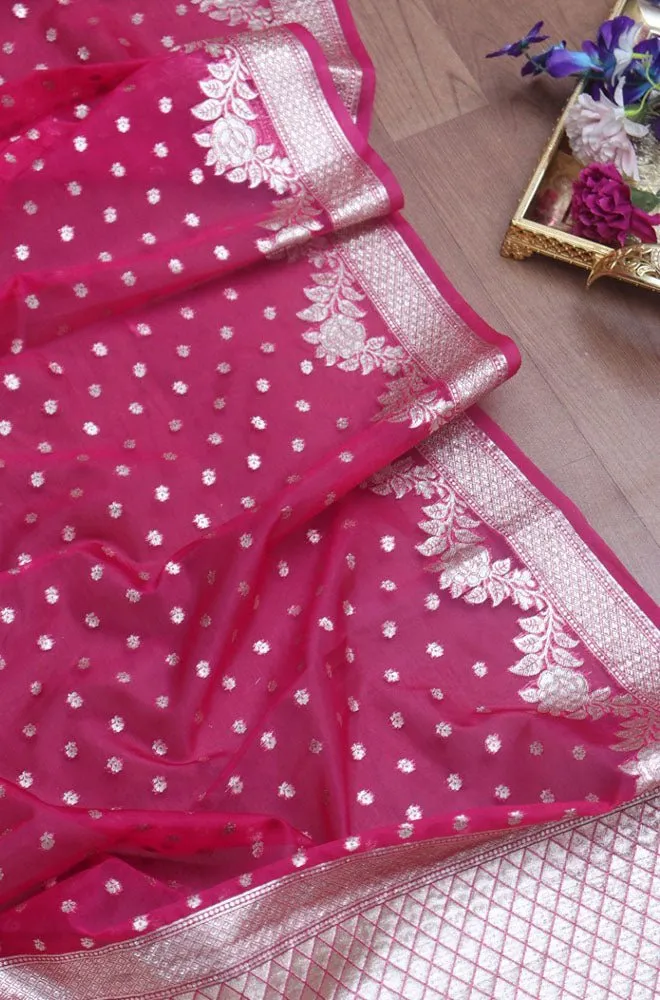 Stunning Pink Banarasi Organza Dupatta - Perfect for Ethnic Attire