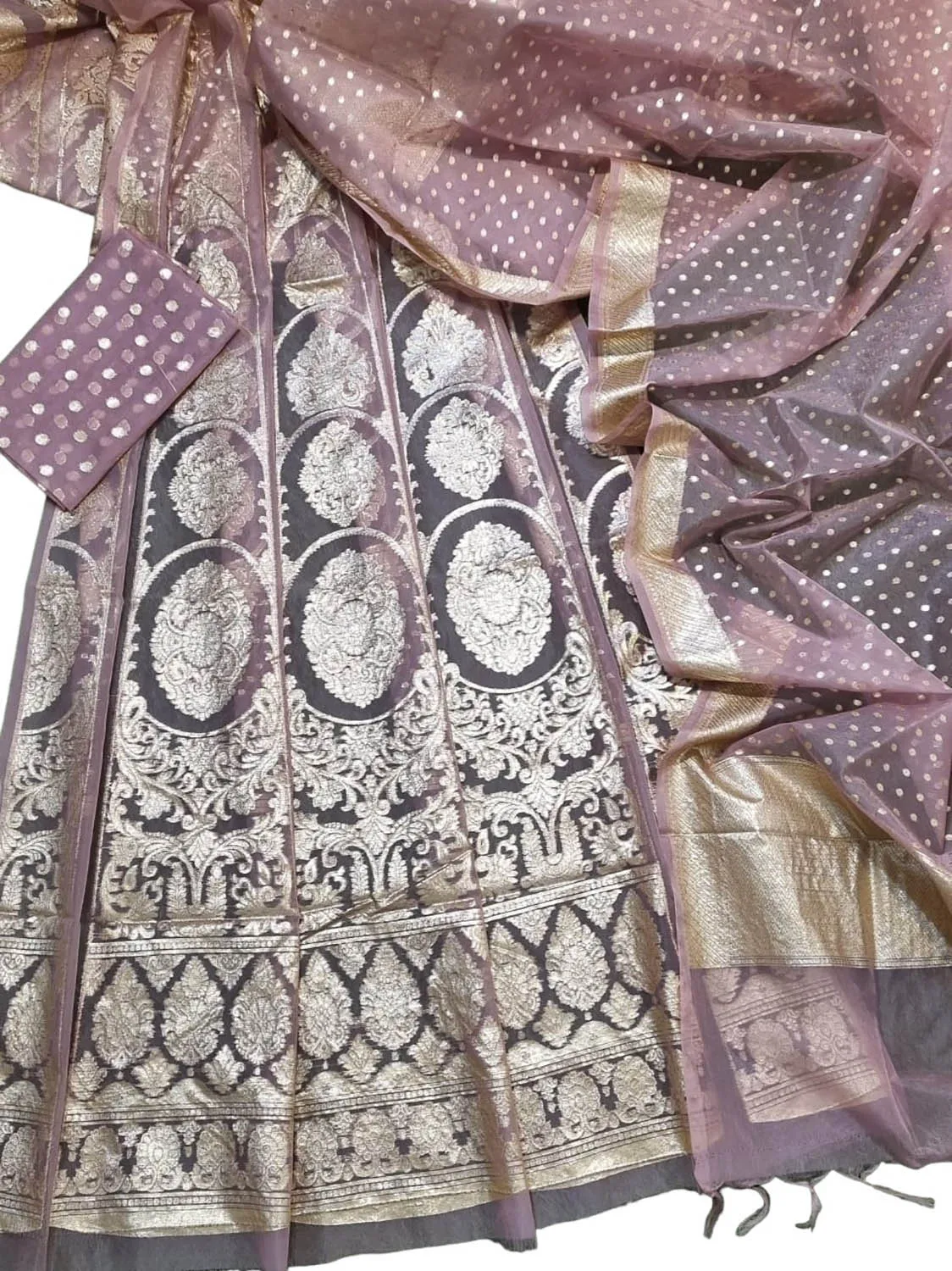 Stunning Pink Banarasi Organza Silk Lehenga Set - Unstitched