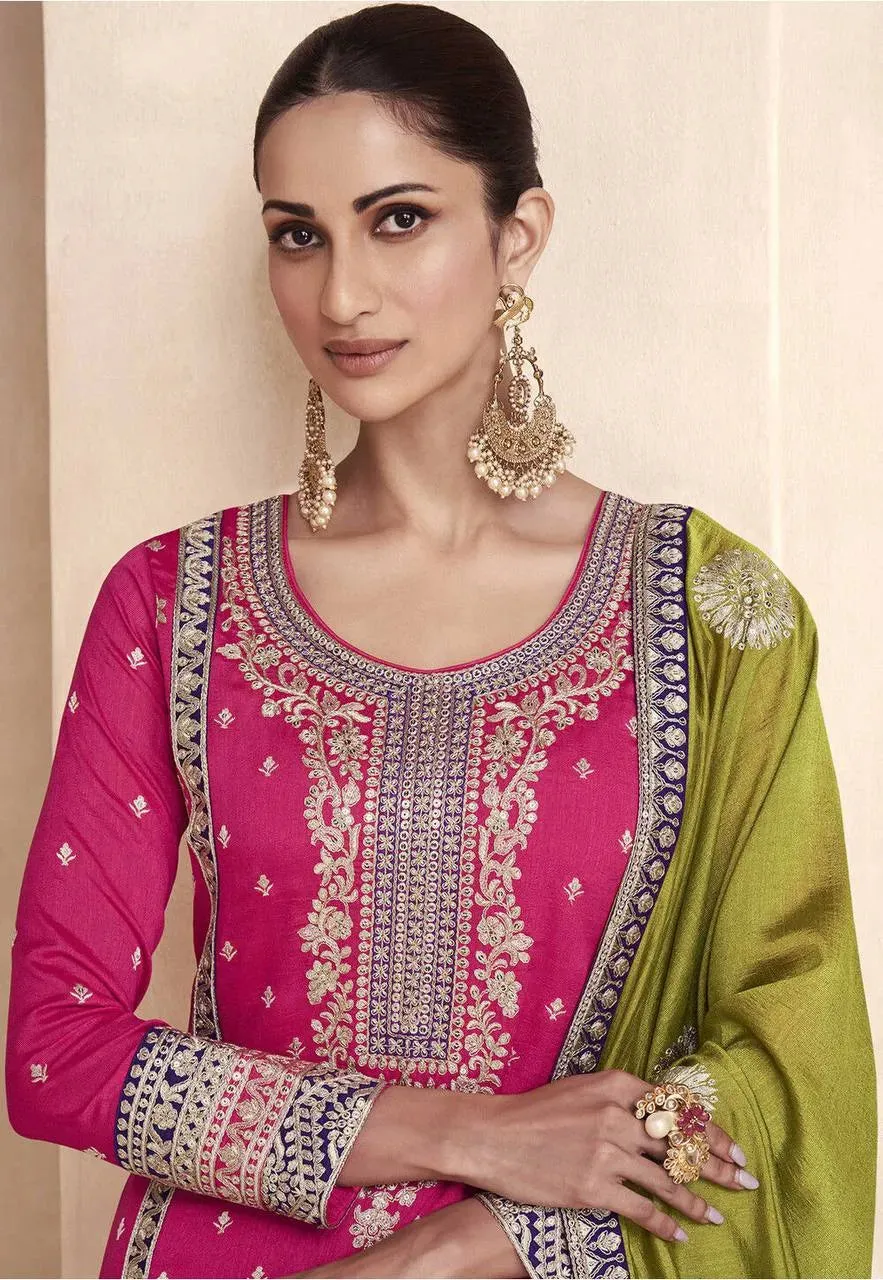 Stunning Pink-Purple Vichitra Silk Embroidered Palazzo Suit