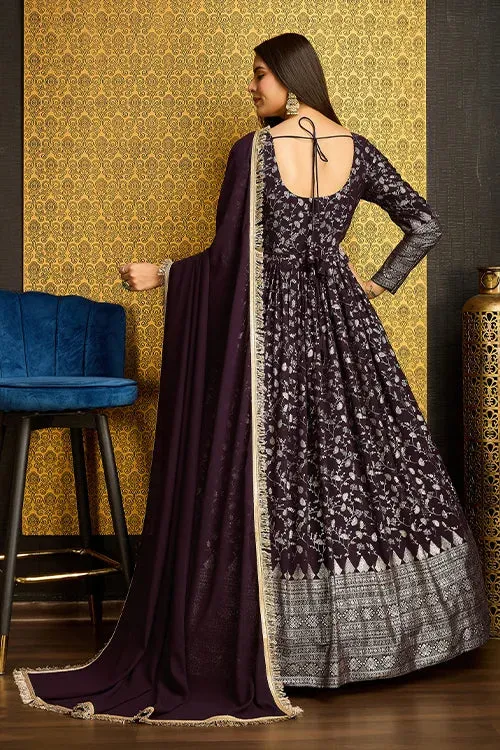 Stunning Purple Anarkali Long Gown with Lace Belt