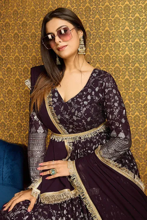 Stunning Purple Anarkali Long Gown with Lace Belt