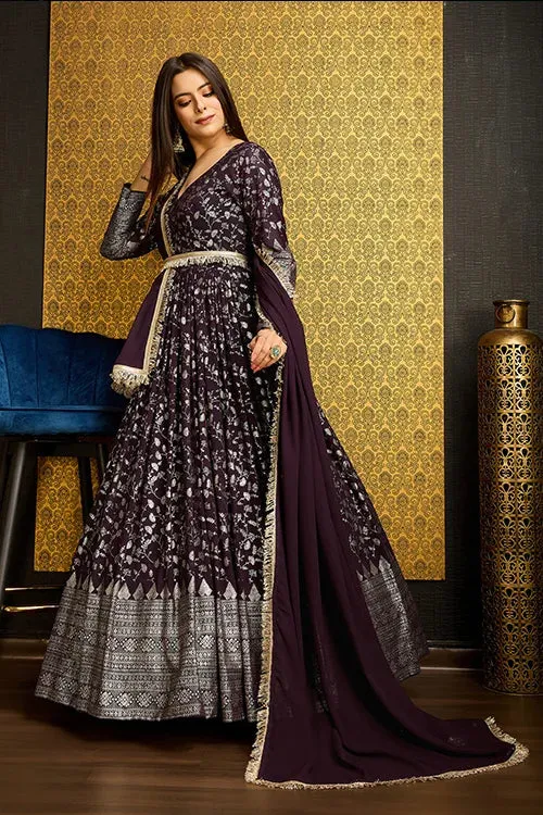 Stunning Purple Anarkali Long Gown with Lace Belt