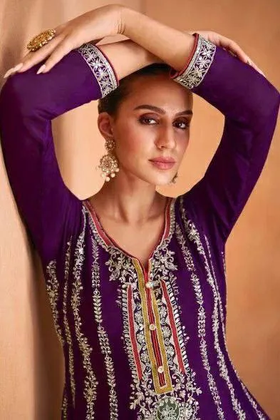 Stunning Purple Embroidered Chinon Salwar Suit Set with Dupatta