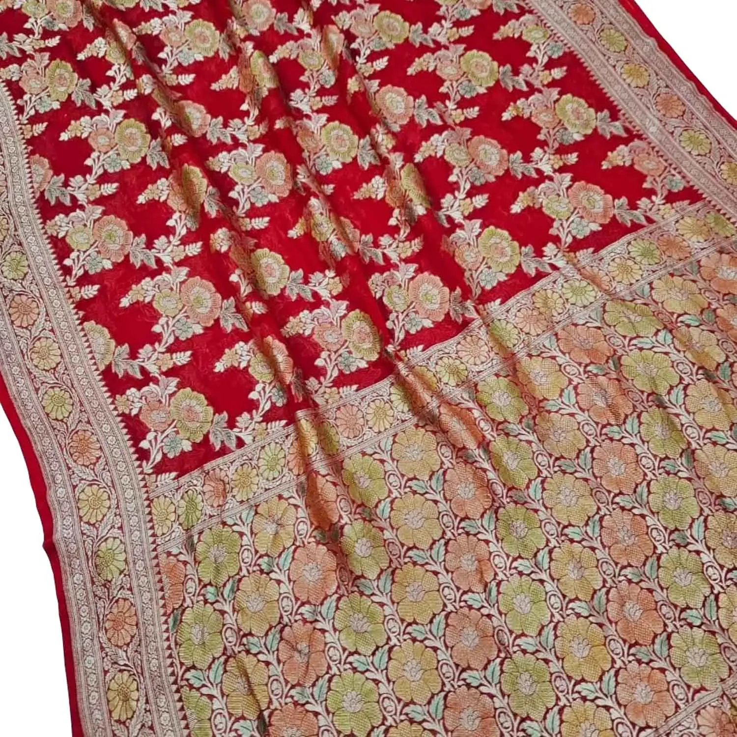 Stunning Red Banarasi Georgette Saree with Brush Dye