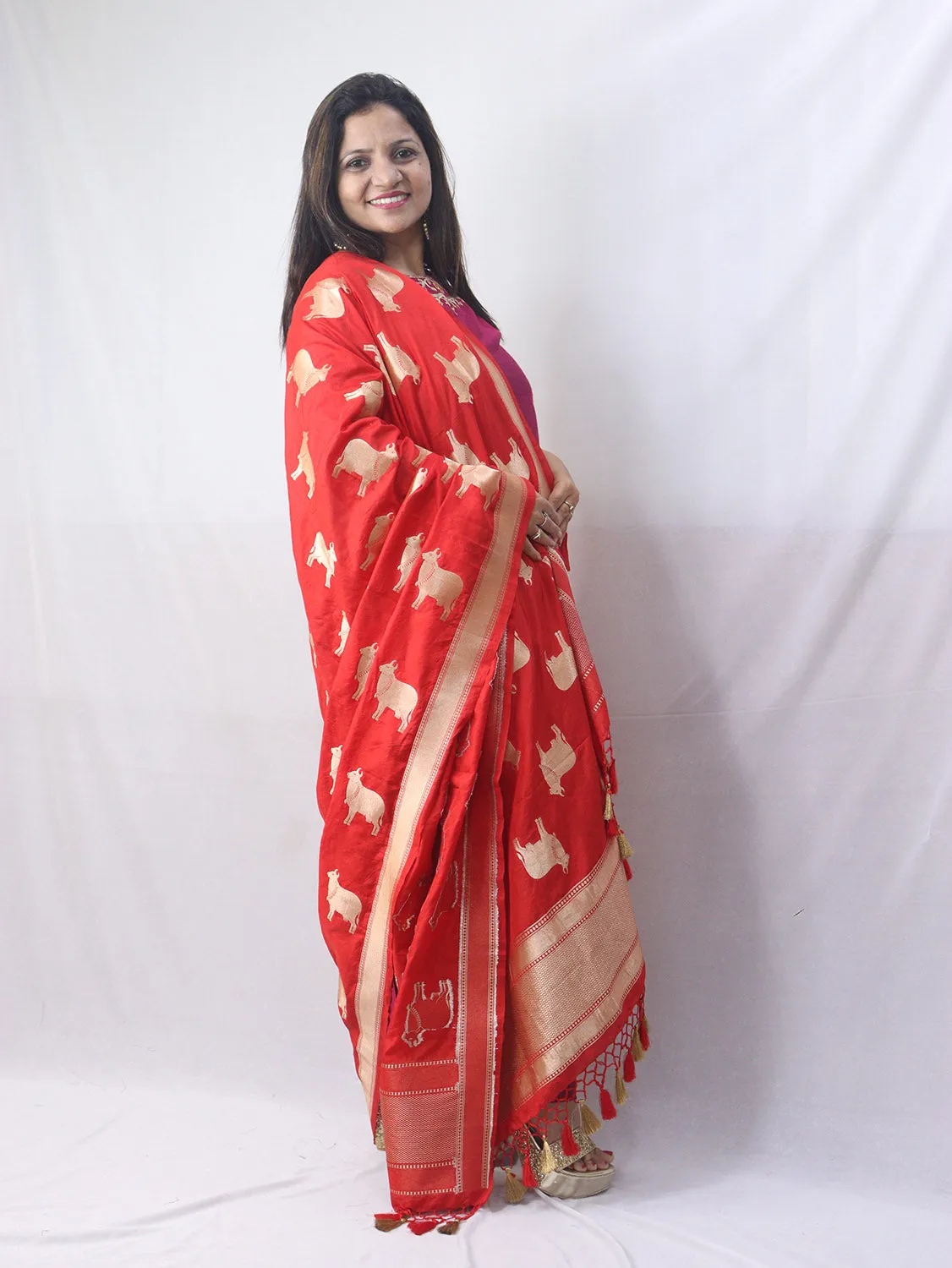 Stunning Red Banarasi Silk Cow Design Dupatta