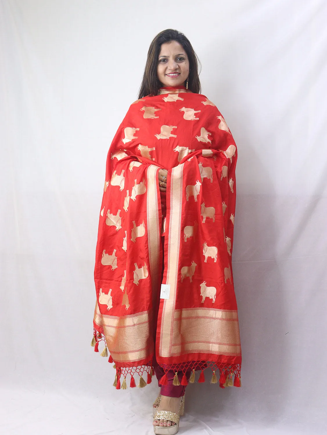 Stunning Red Banarasi Silk Cow Design Dupatta