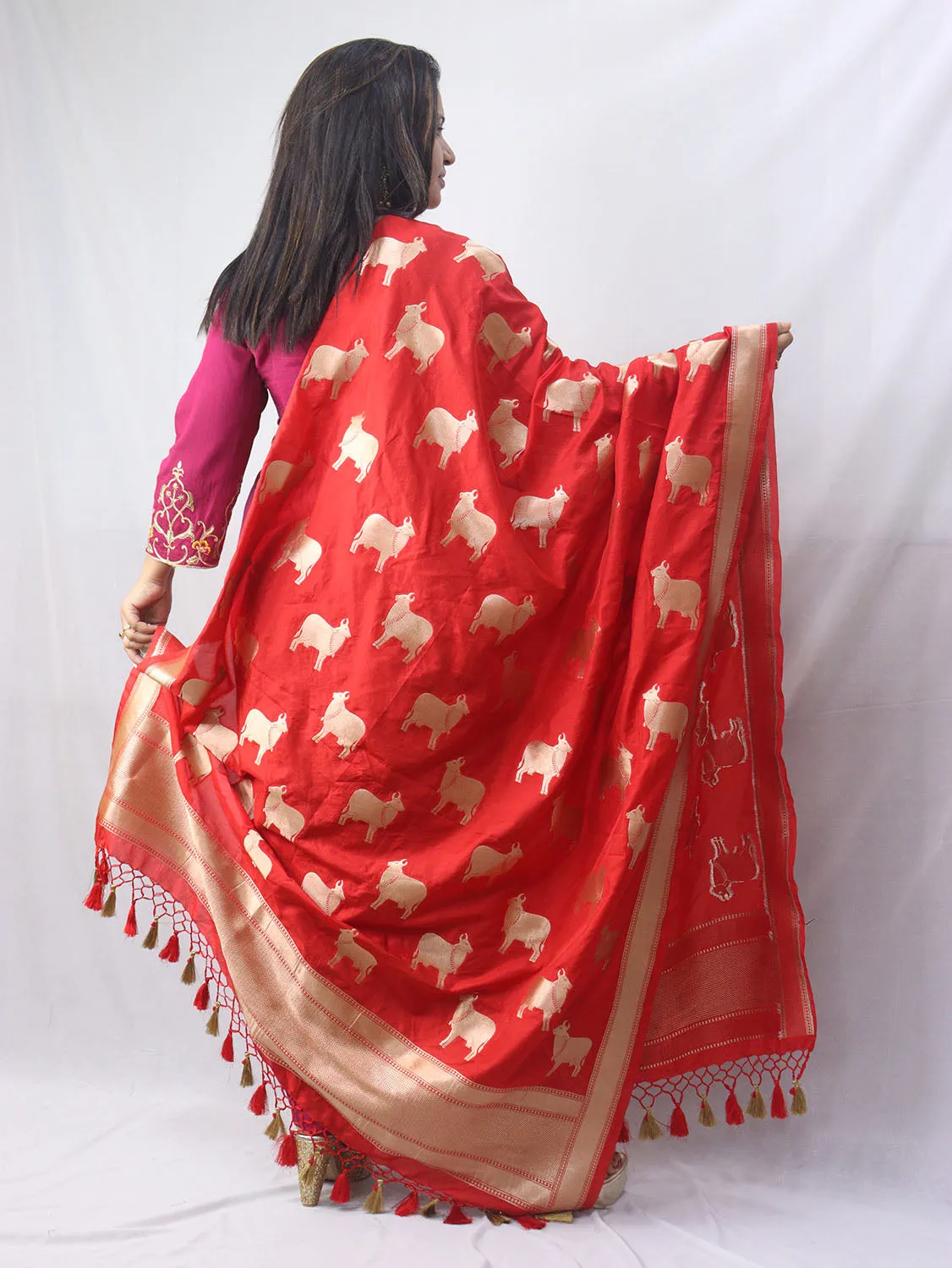 Stunning Red Banarasi Silk Cow Design Dupatta