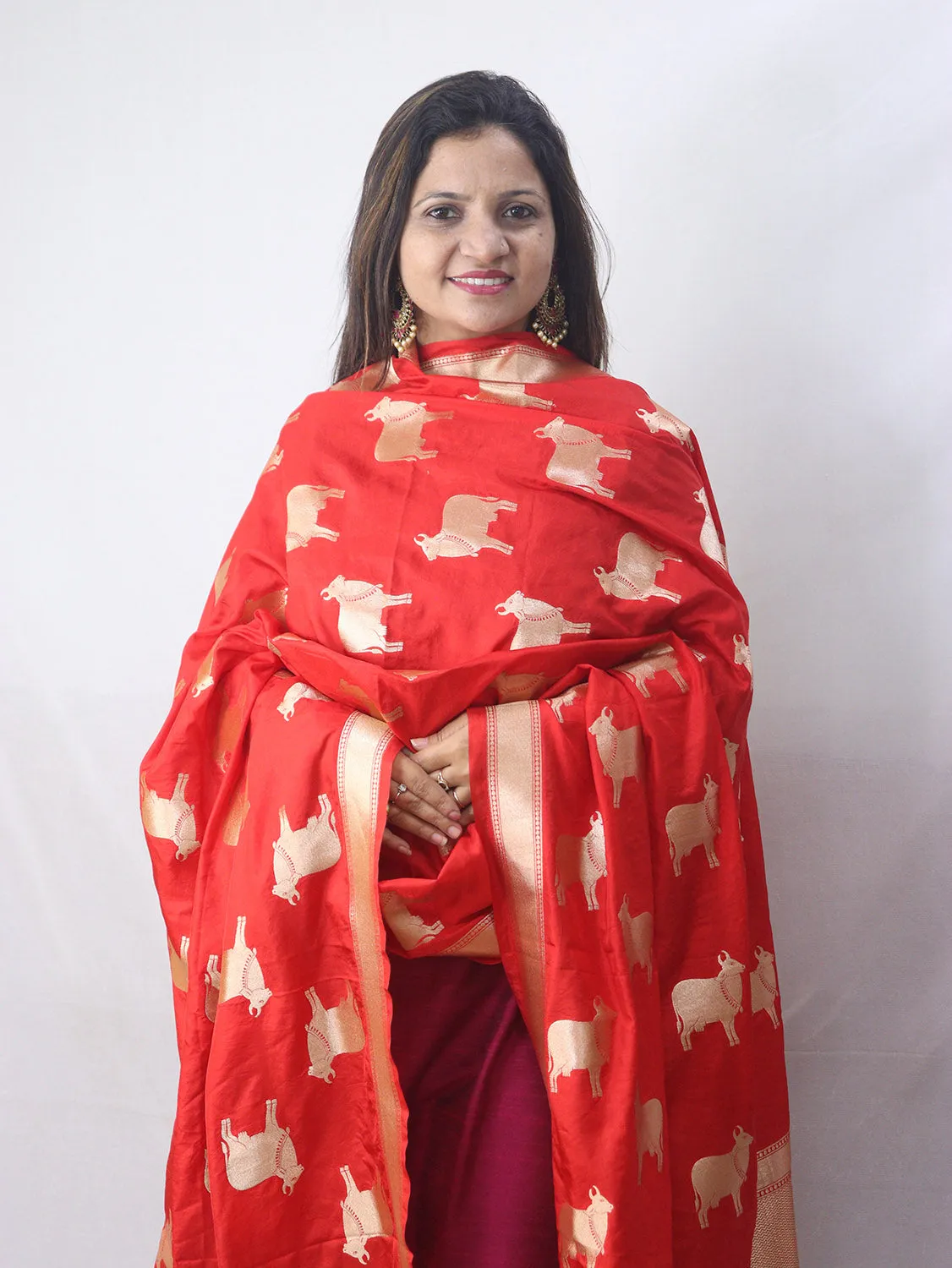 Stunning Red Banarasi Silk Cow Design Dupatta