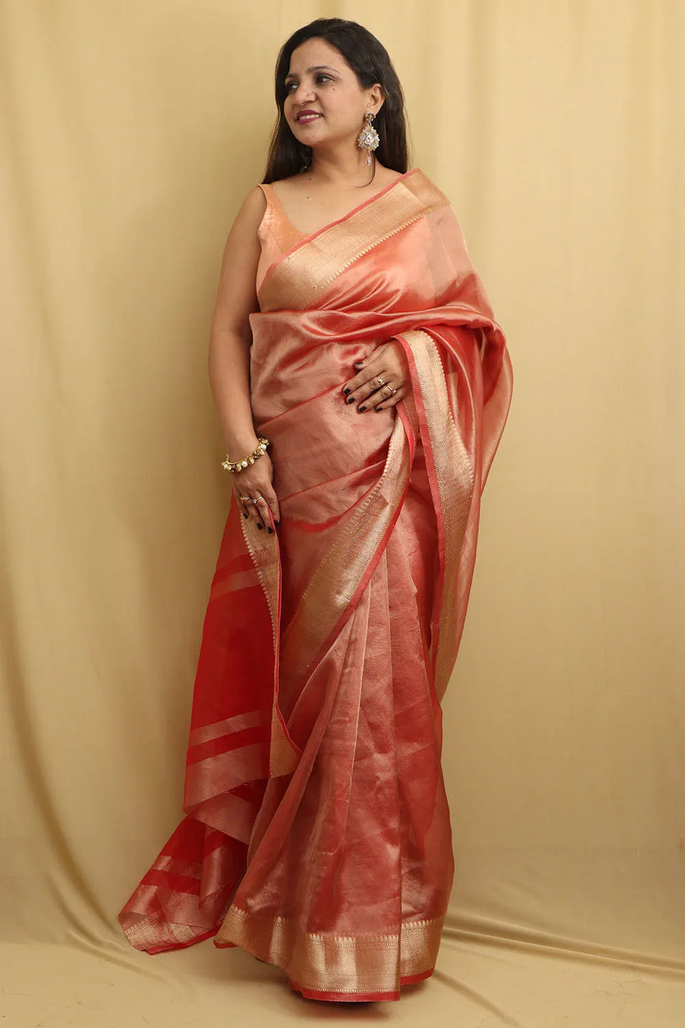 Stunning Red Banarasi Tissue Saree: Ideal for Events