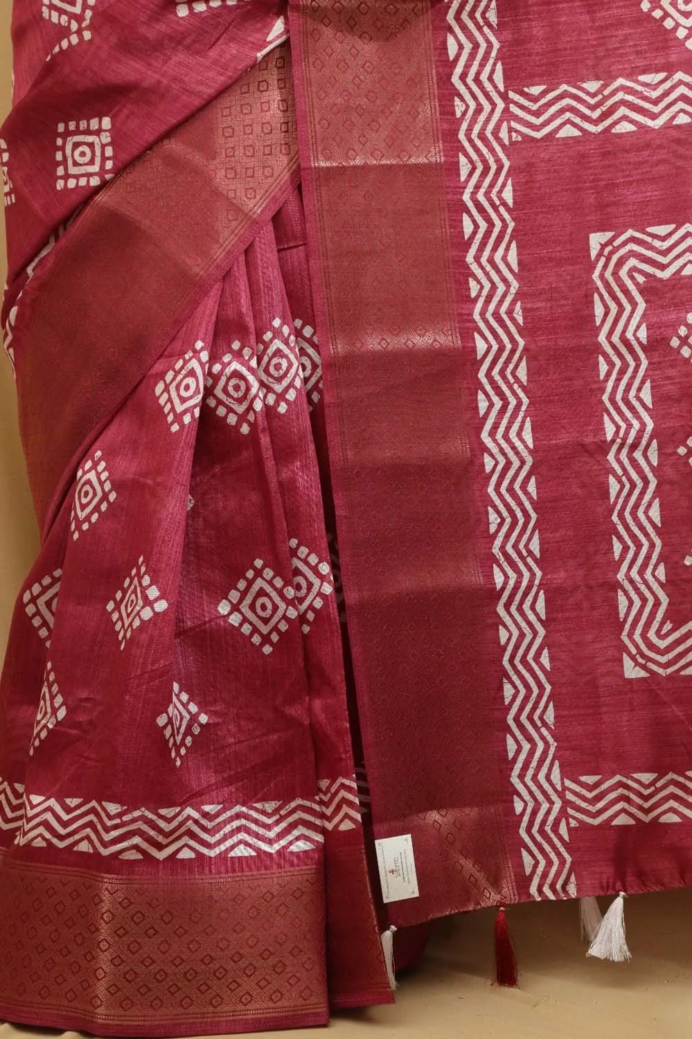 Stunning Red Block Printed Tussar Saree with Silk Blend