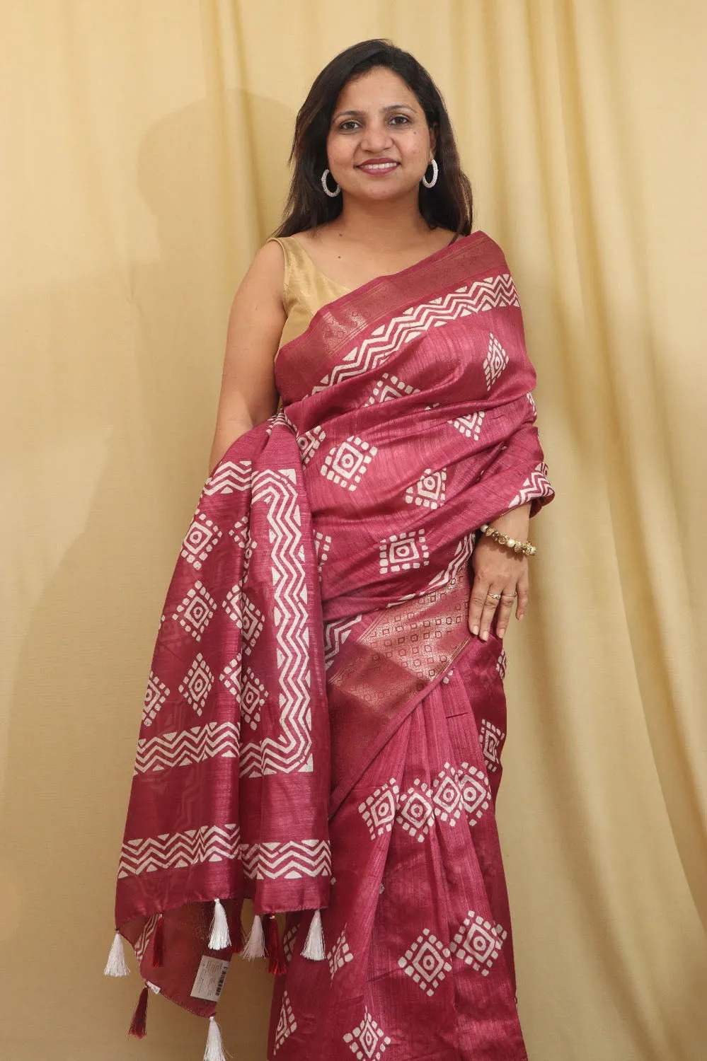 Stunning Red Block Printed Tussar Saree with Silk Blend