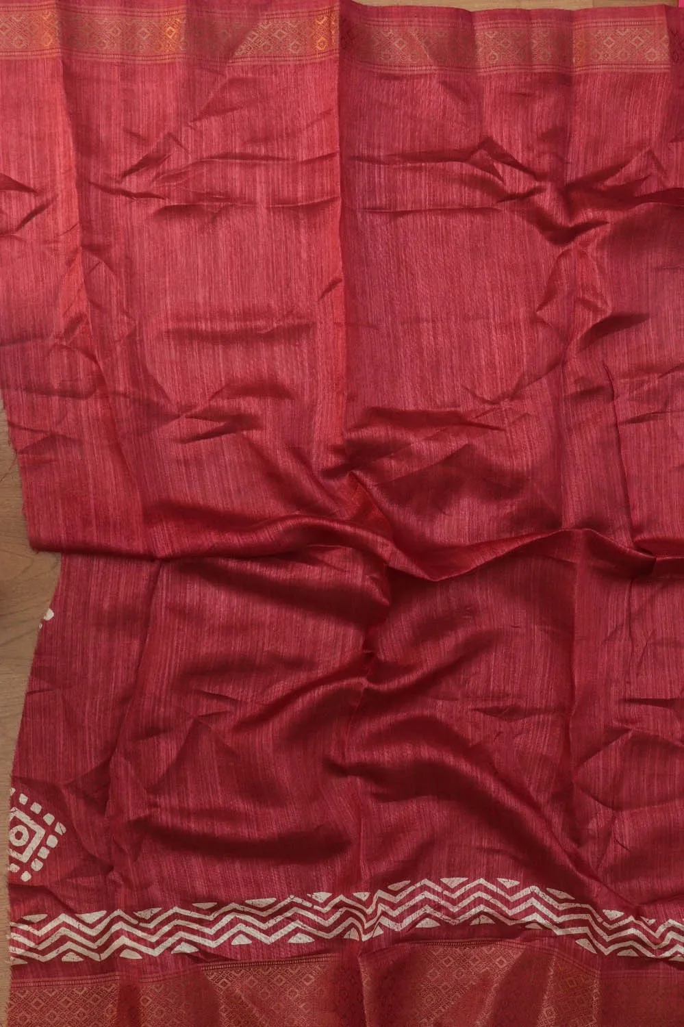 Stunning Red Block Printed Tussar Saree with Silk Blend